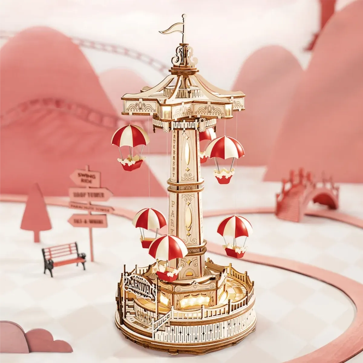 Parachute Tower Mechanical Music Box 3D Wooden Puzzle