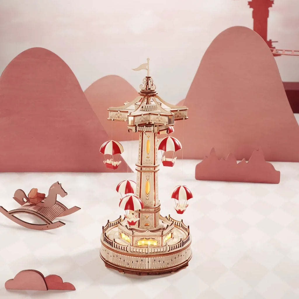 Parachute Tower Mechanical Music Box 3D Wooden Puzzle