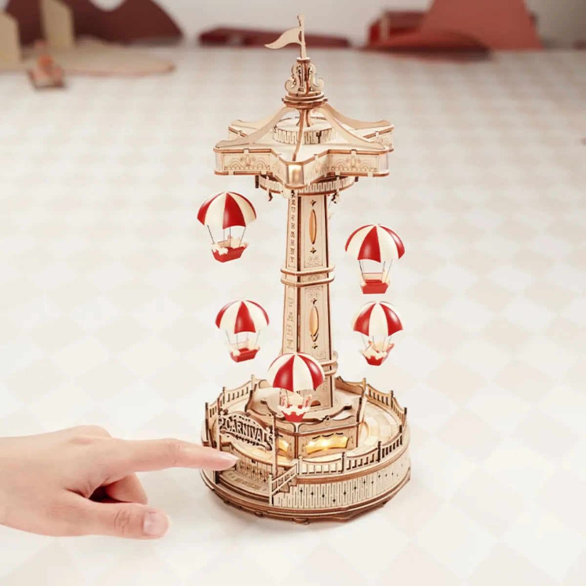 Parachute Tower Mechanical Music Box 3D Wooden Puzzle