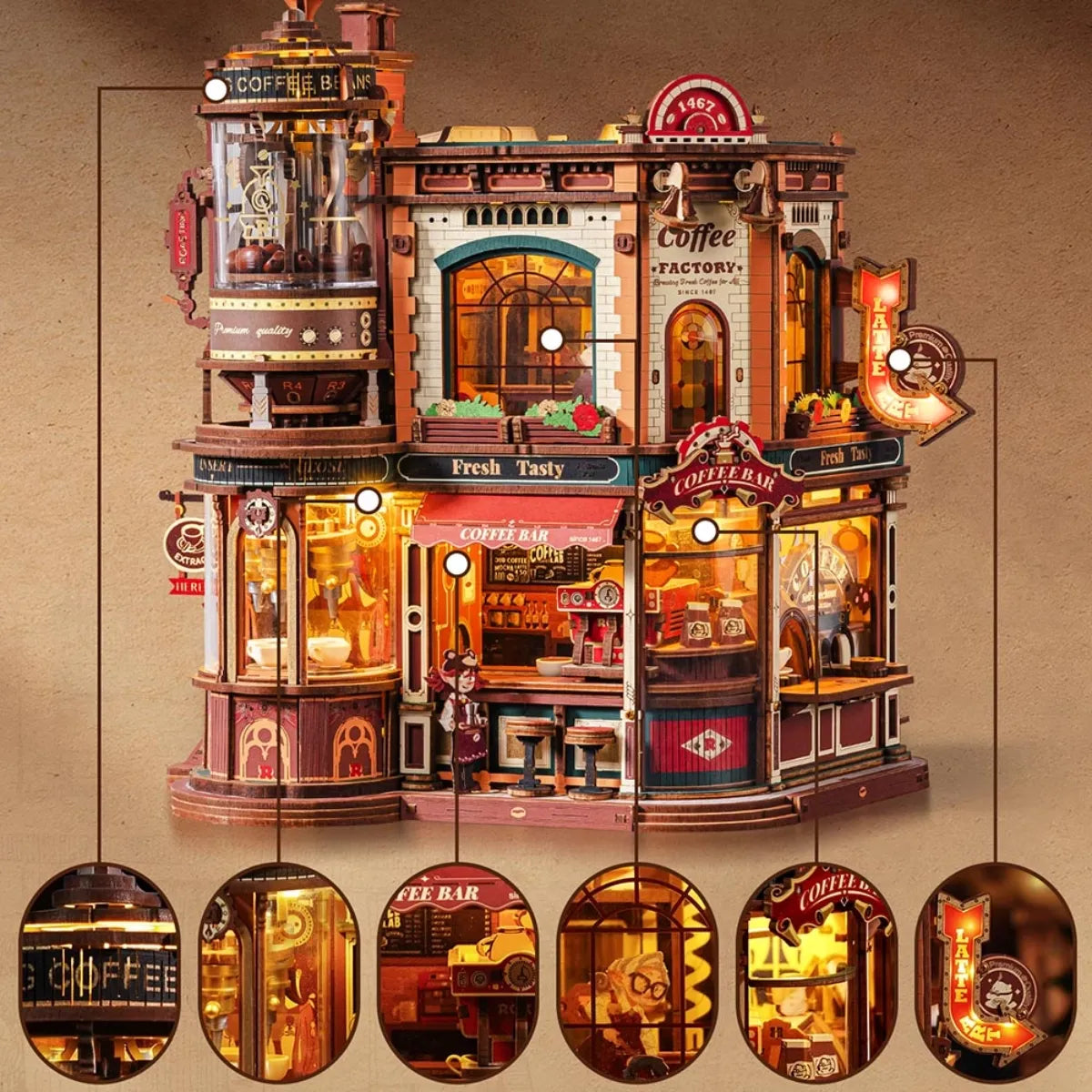Dream Coffee Factory Mechanical Music Box 3D Wooden Puzzle