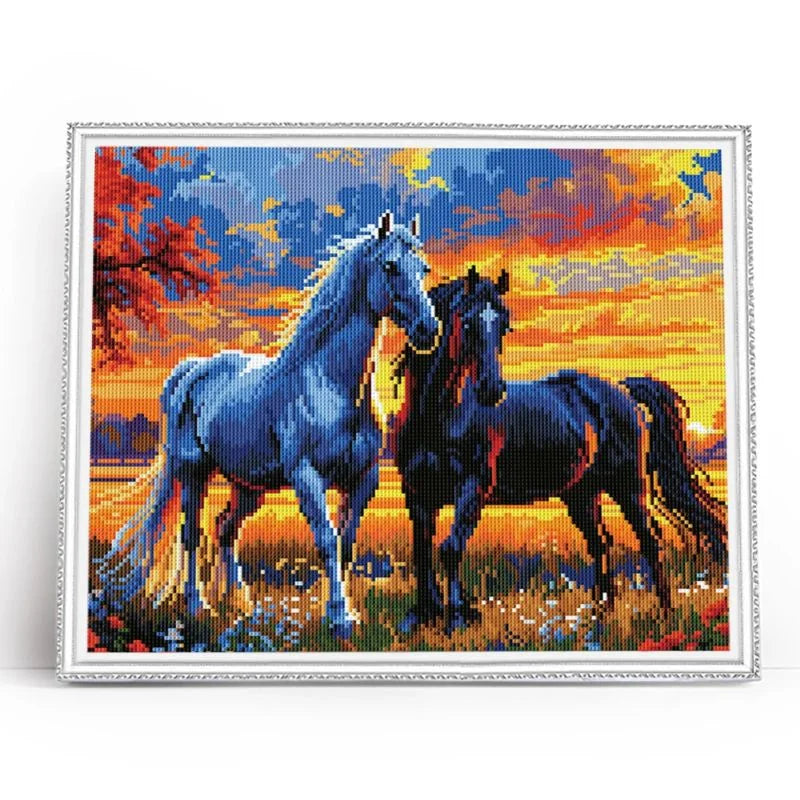 Sunset Stallions Diamond Painting Kit 5D Full Drill Round 40x50cm