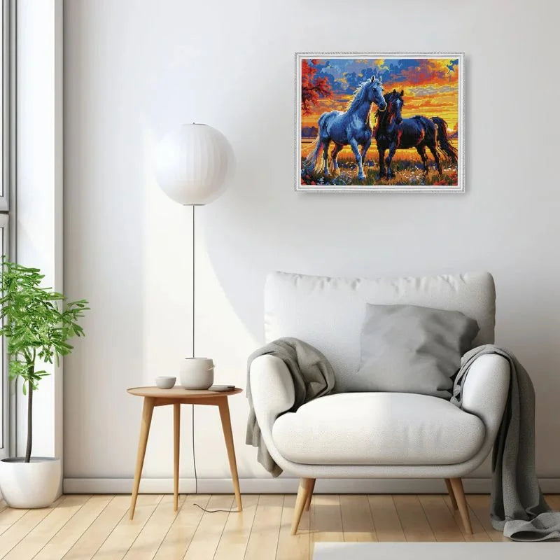 Sunset Stallions Diamond Painting Kit 5D Full Drill Round 40x50cm