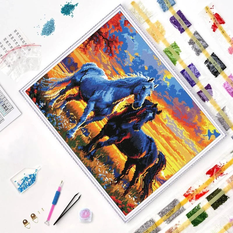 Sunset Stallions Diamond Painting Kit 5D Full Drill Round 40x50cm