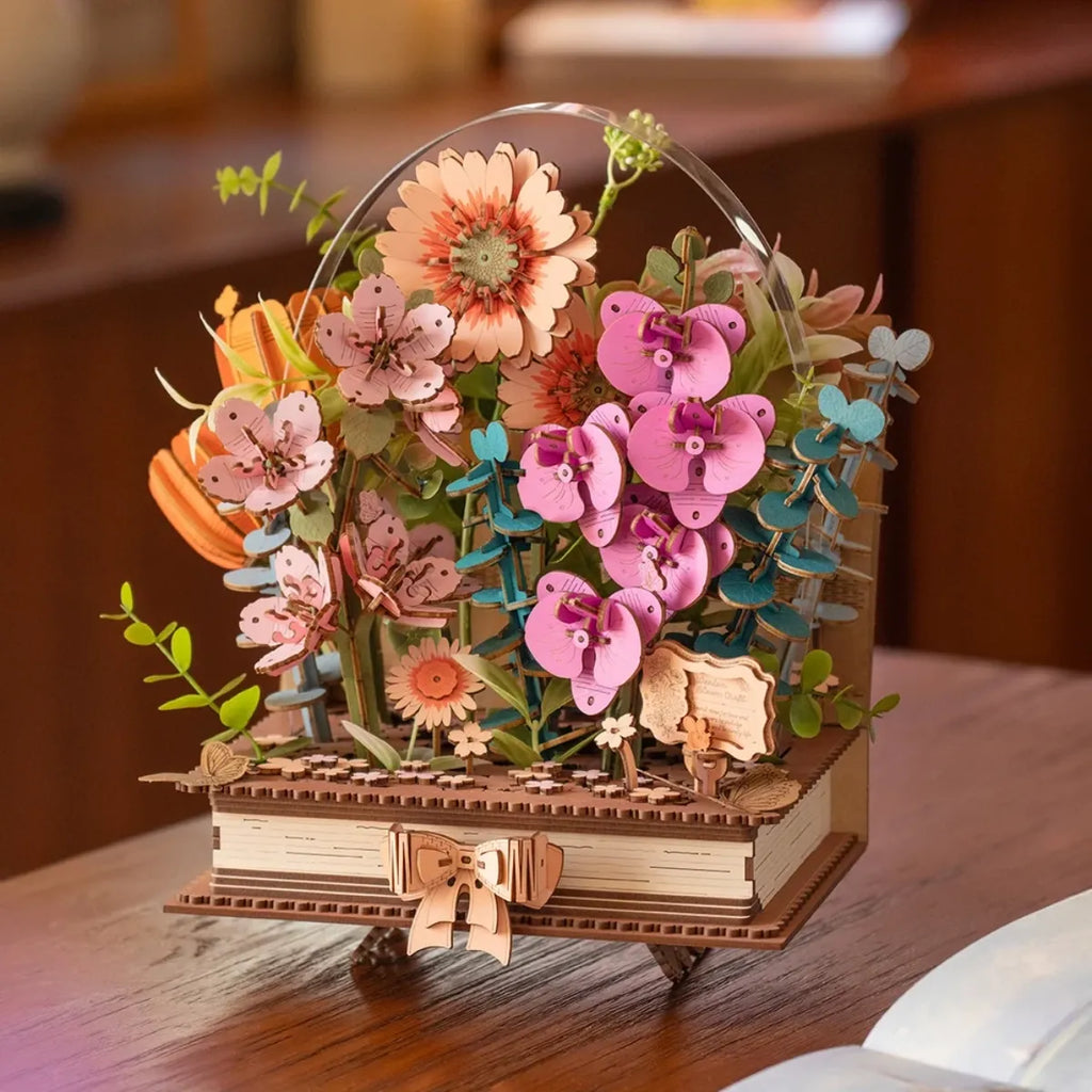 Wooden Blooming Book DIY 3D Wooden Flower Bouquet Puzzle