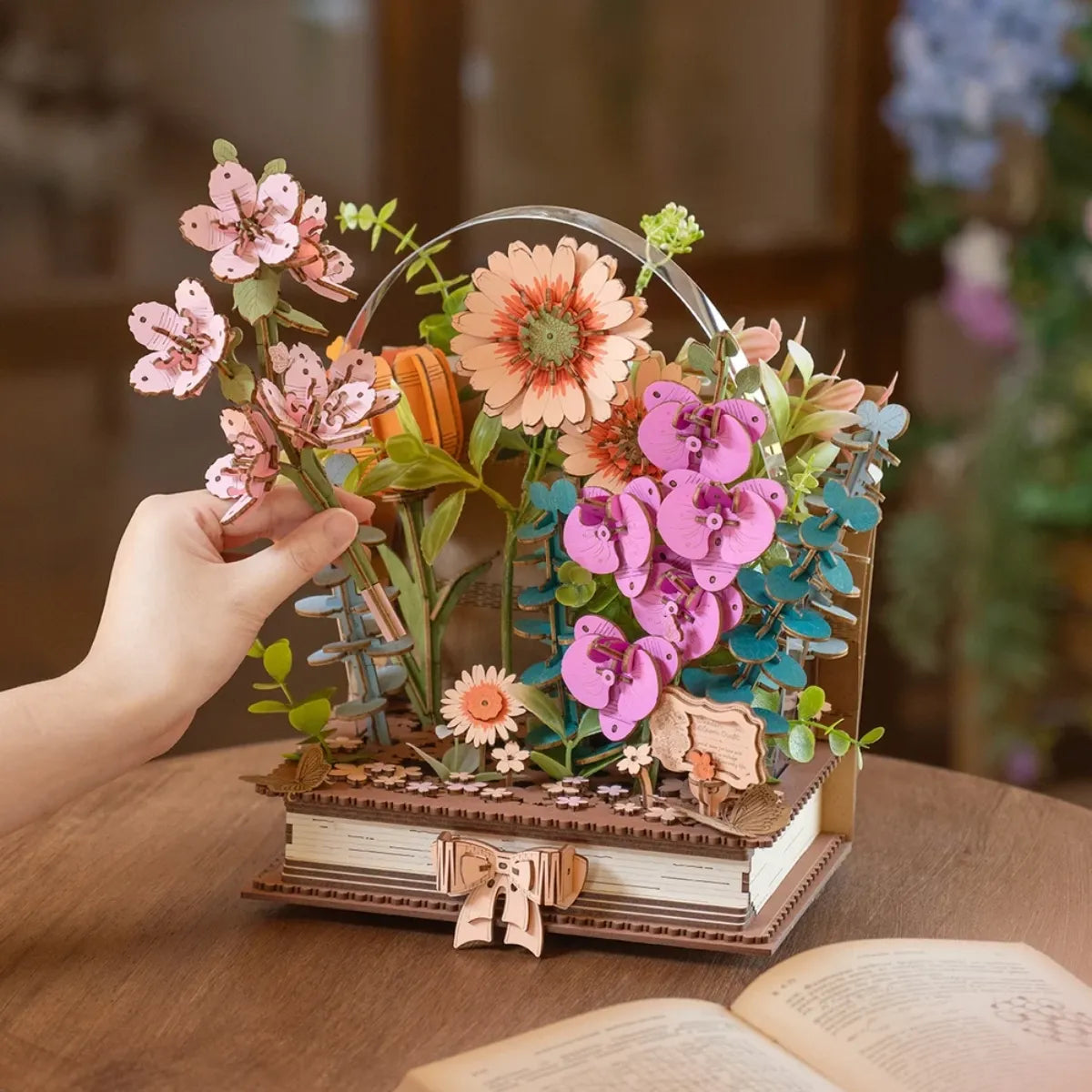 Wooden Blooming Book DIY 3D Wooden Flower Bouquet Puzzle