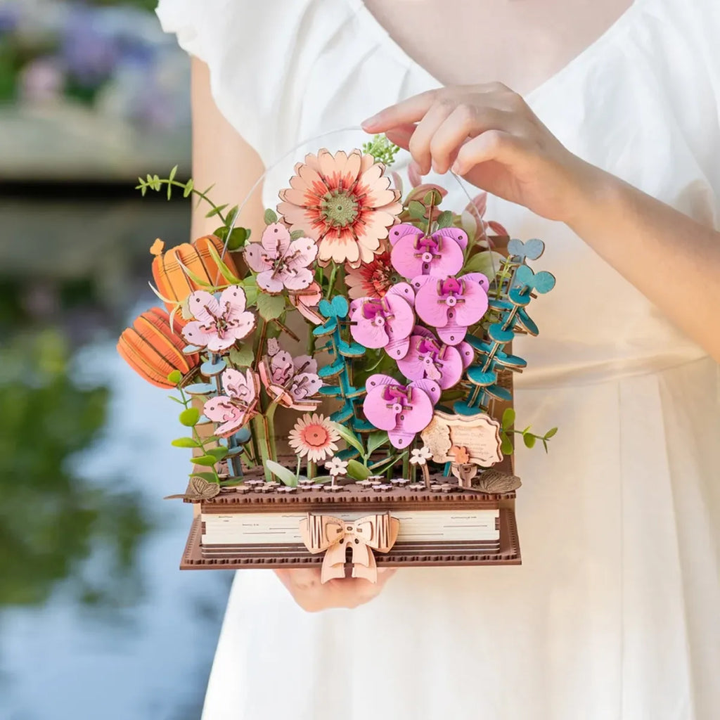 Wooden Blooming Book DIY 3D Wooden Flower Bouquet Puzzle