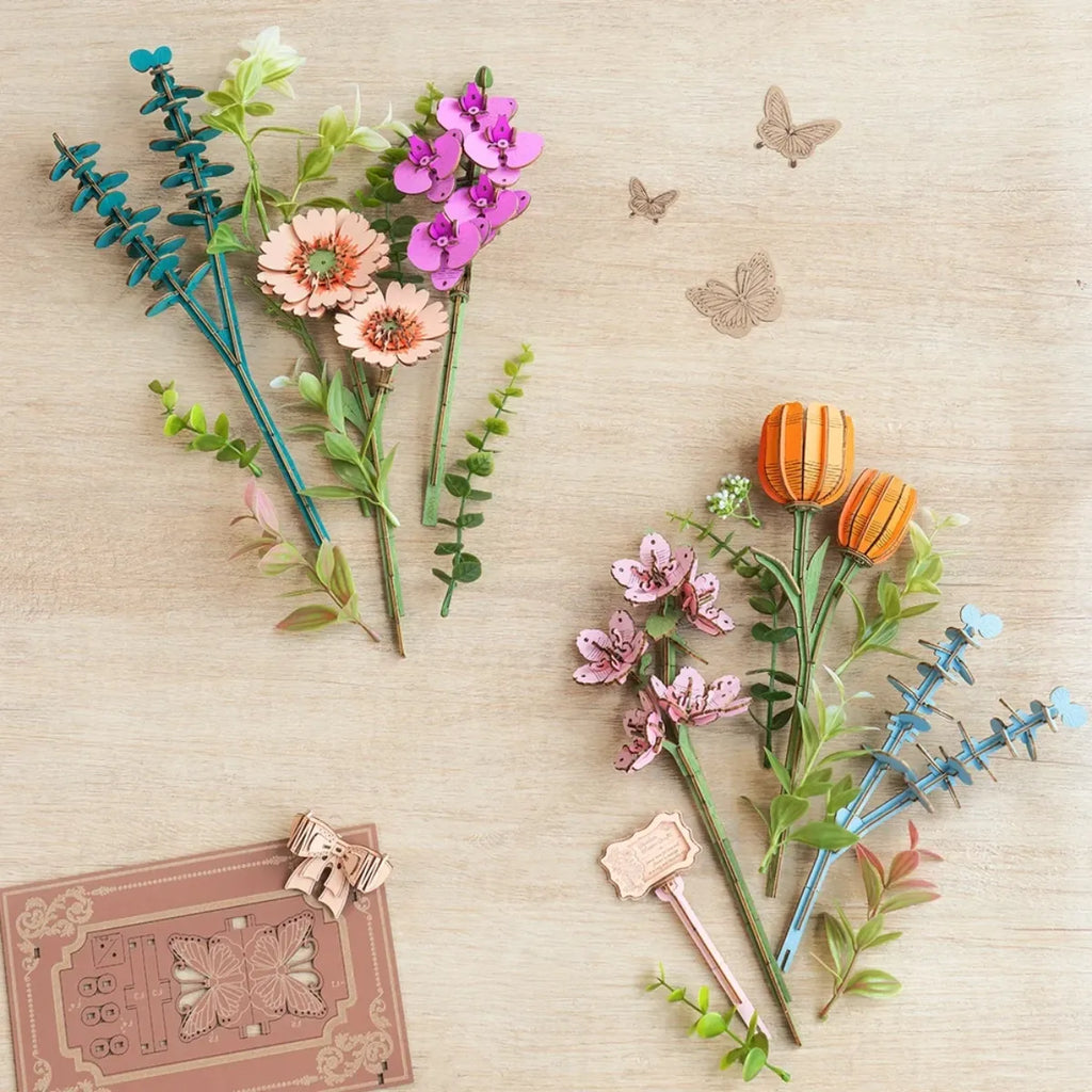 Wooden Blooming Book DIY 3D Wooden Flower Bouquet Puzzle